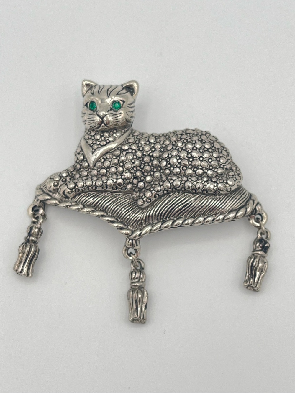 Vintage Silver Marcasite Style Cat on Tasseled Pillow Brooch